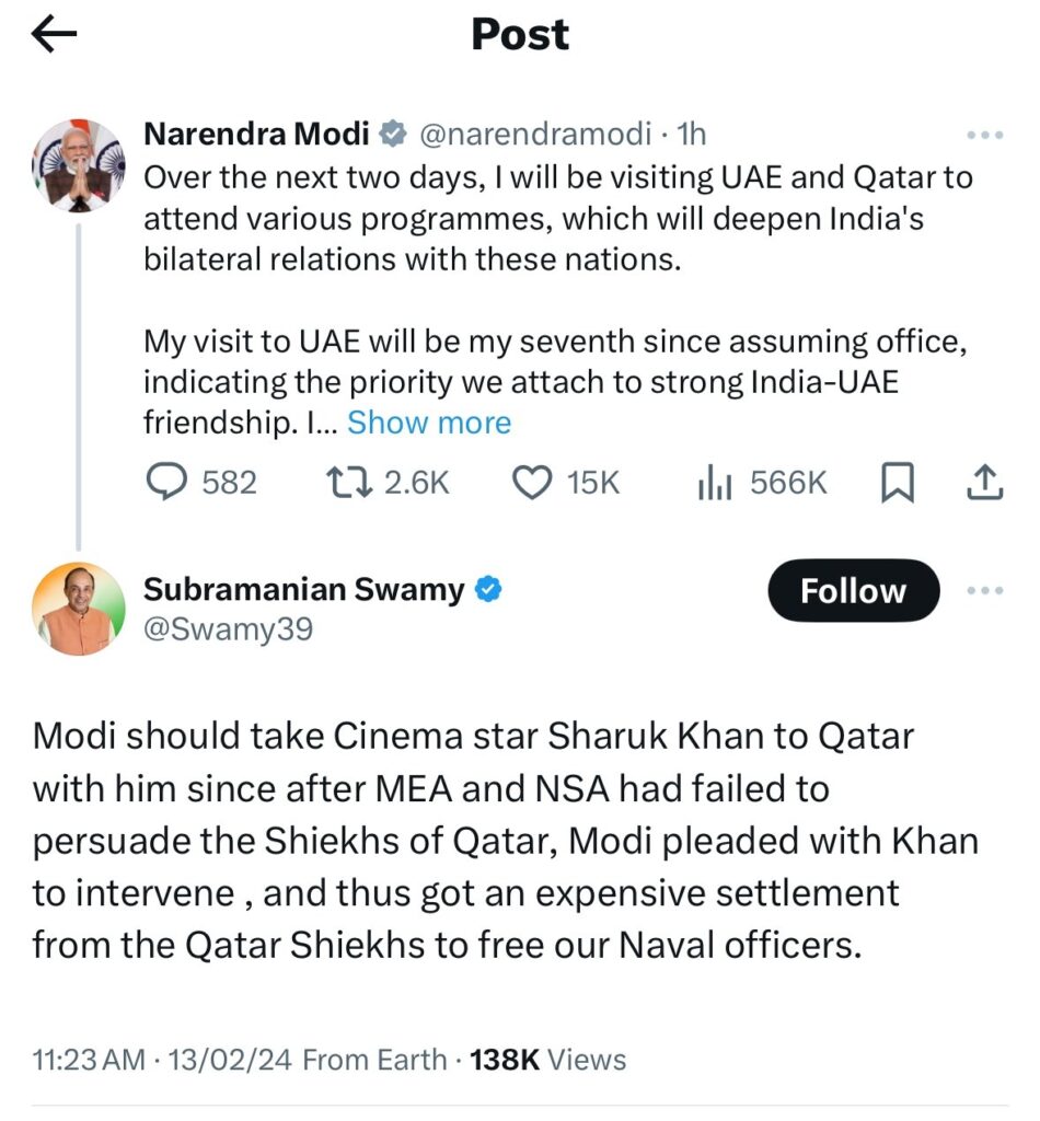 Shahrukh Khan, subramanian swamy, Qatar releases 8 indians